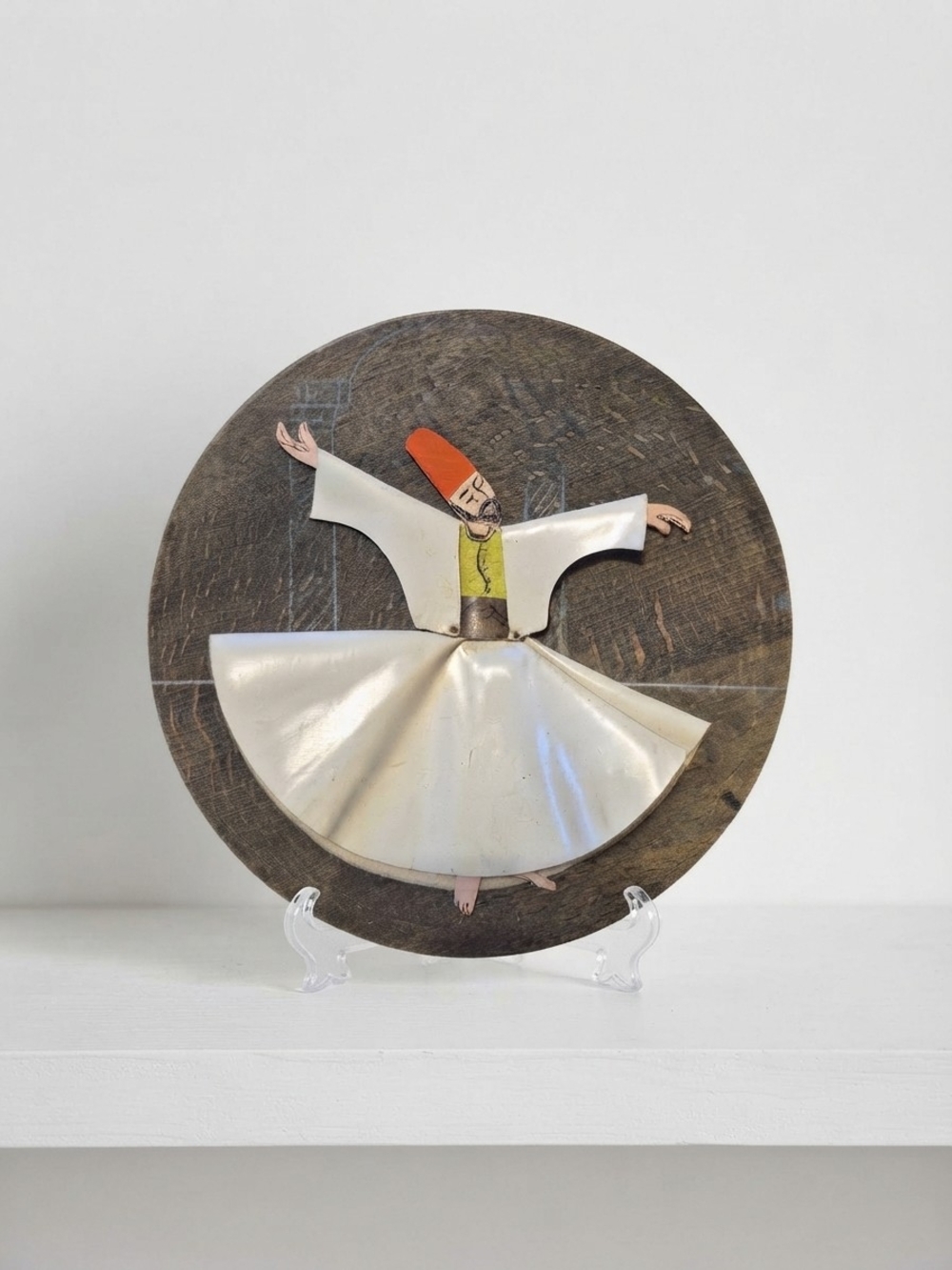 Vintage Handmade Mixed Media Whirling Dervish Wooden Plaque  (0310)